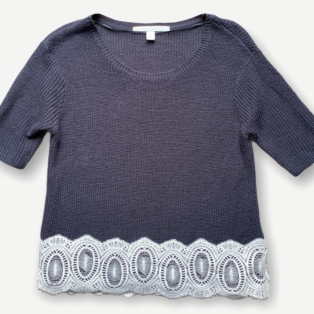 LC Lauren Conrad Navy Knit Sweater Lace Hem Sz XS